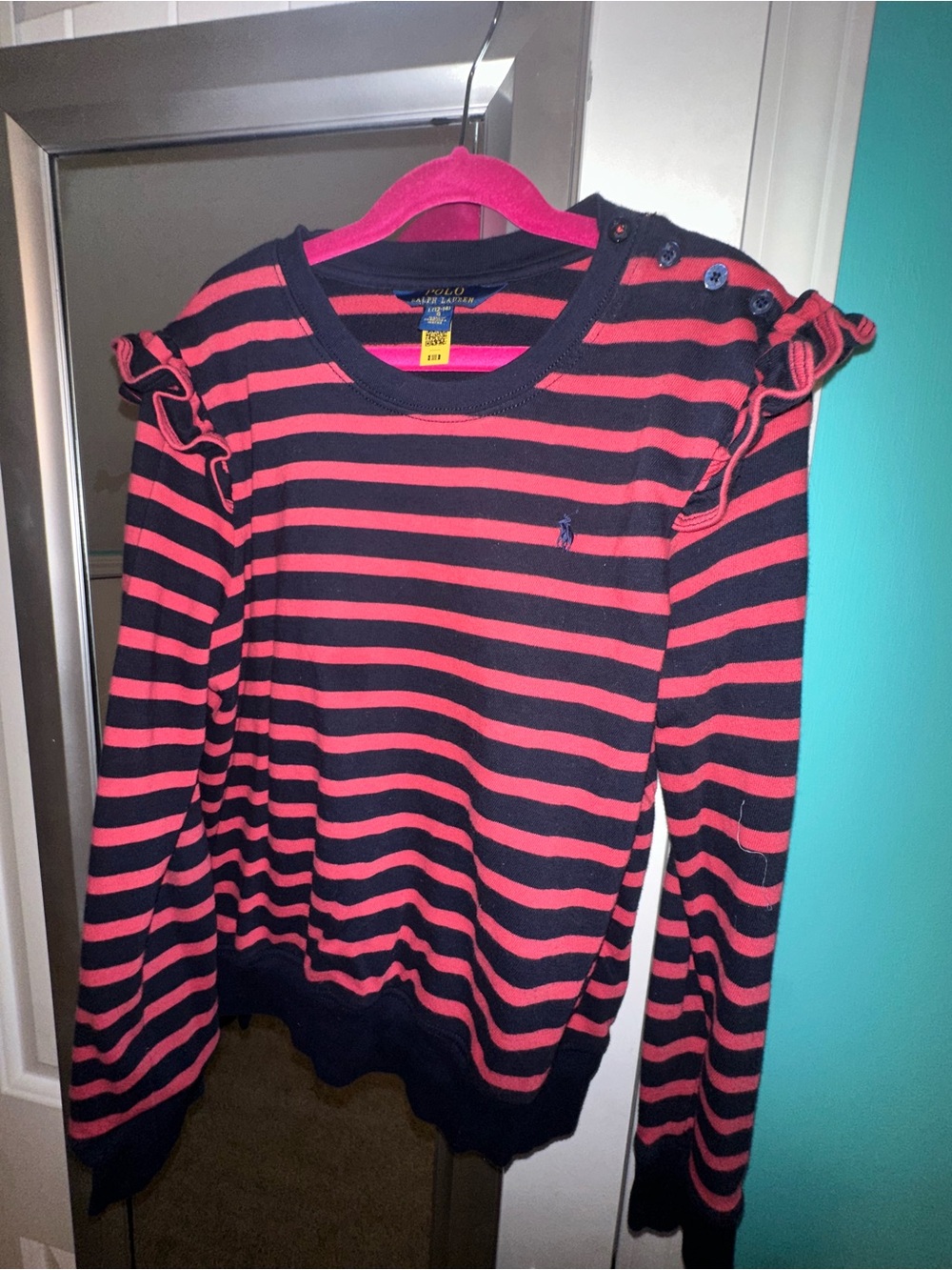 Ralph Lauren Pink & Navy Striped Ruffle-Shoulder Sweater
